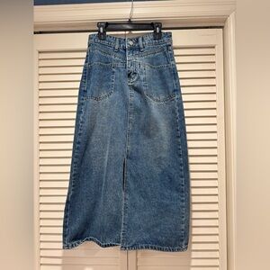 Cubic Denim Maxi Skirt, UK 10/US 4-6, A-Line, Front Slit—Gorgeous Staple Piece